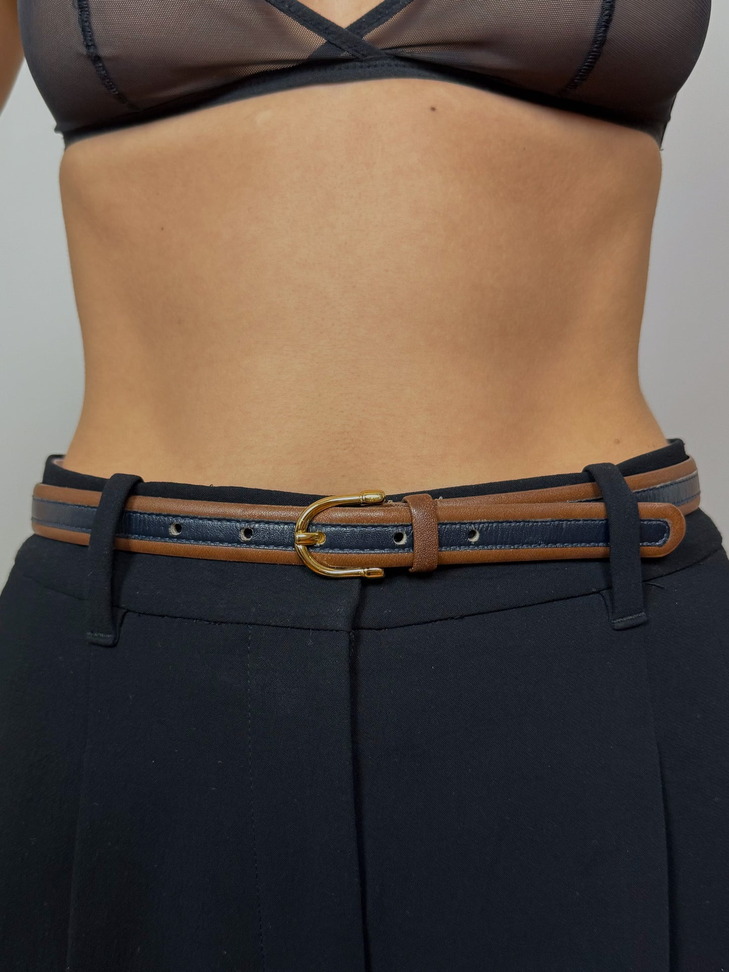 Vintage Brown and Navy Stripe Leather Belt