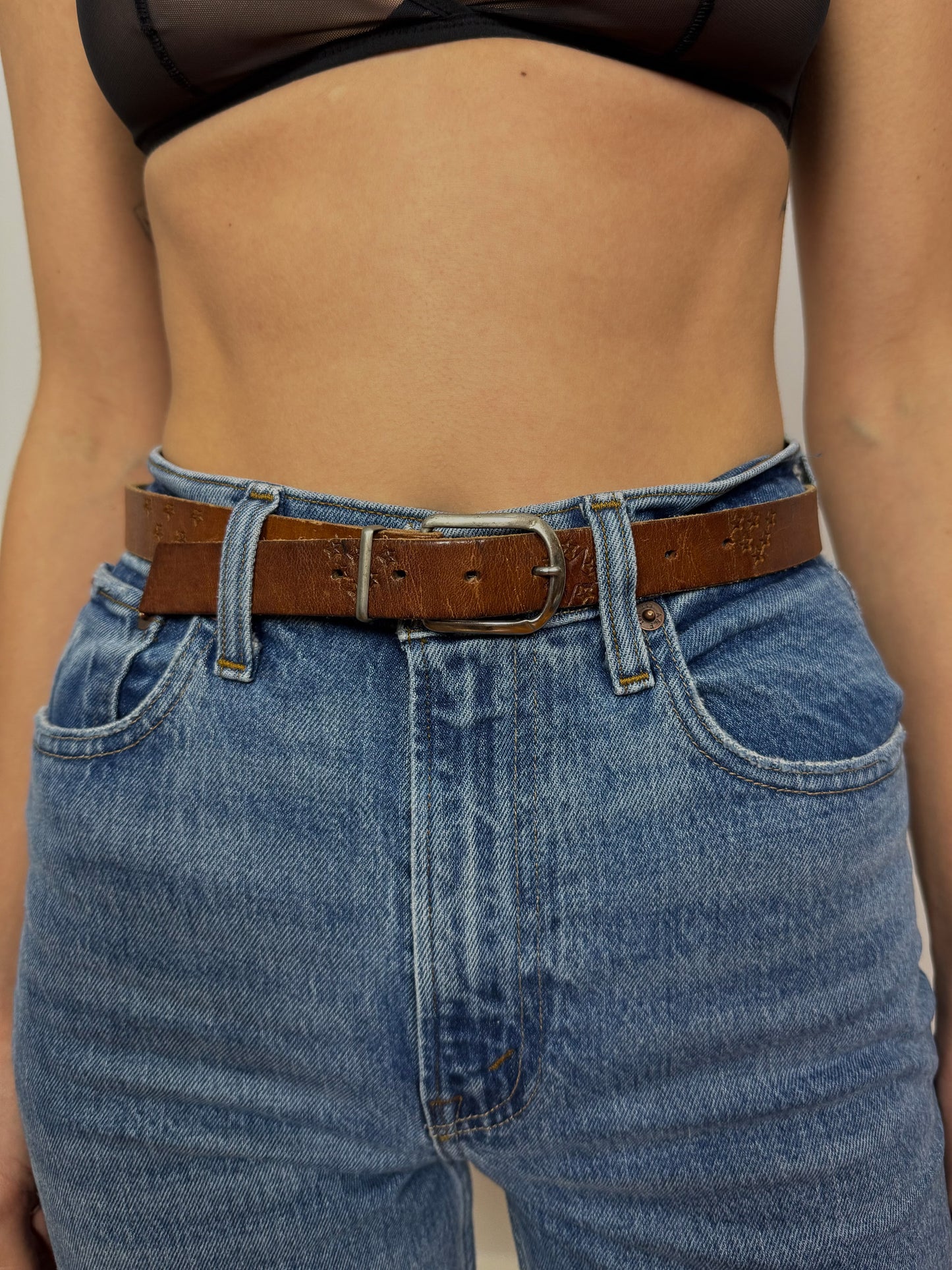 Brown Leather Star Embossed Belt