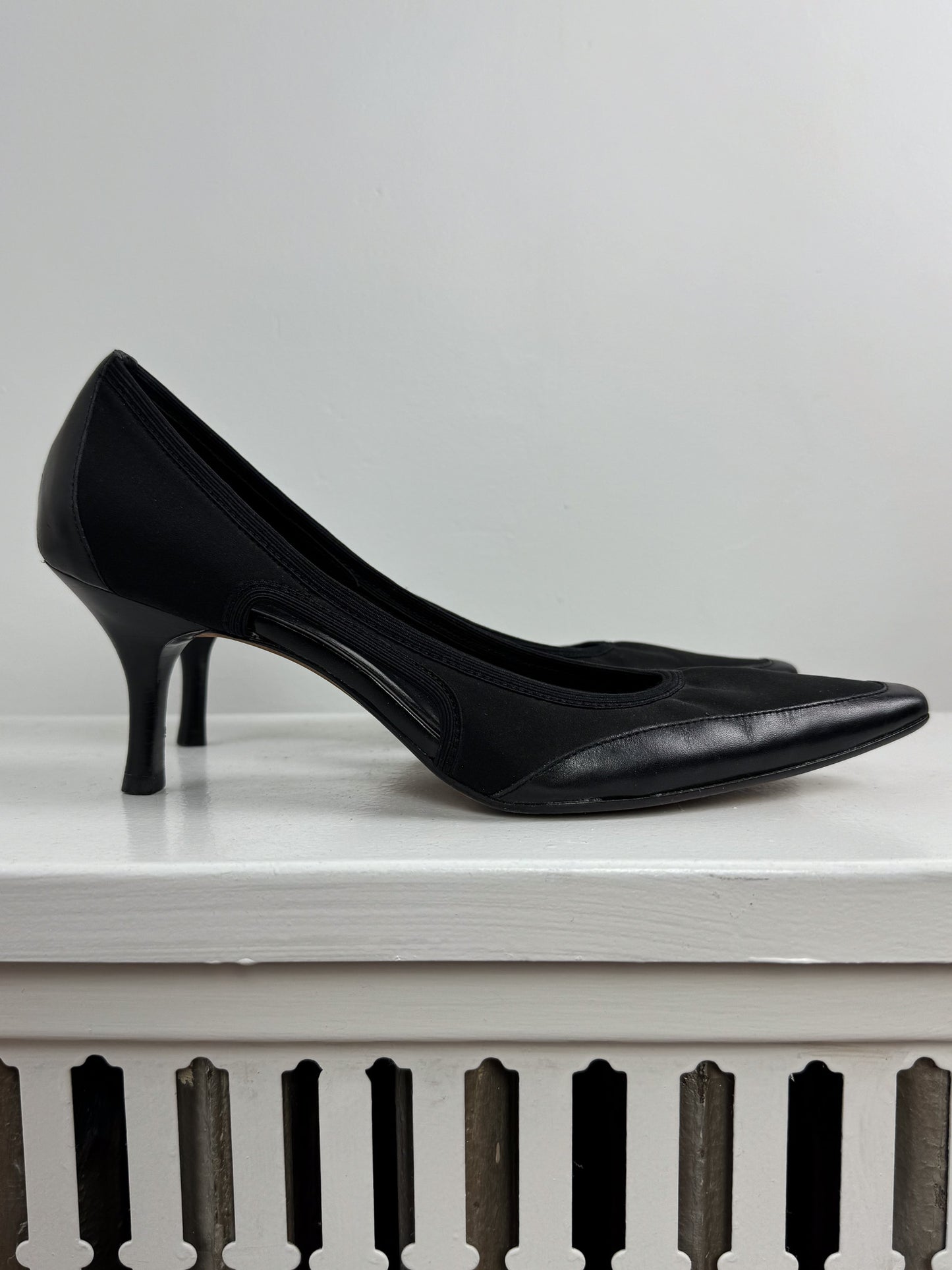 Black Mixed Material Heels with Cut Outs