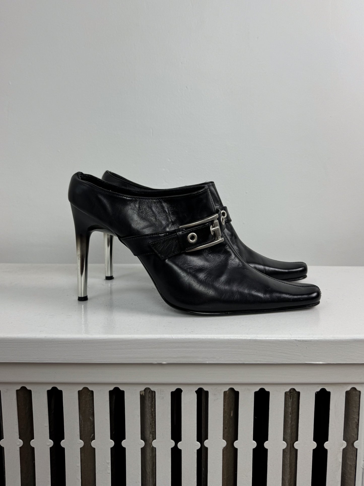 Leather Mules with Silver Buckles