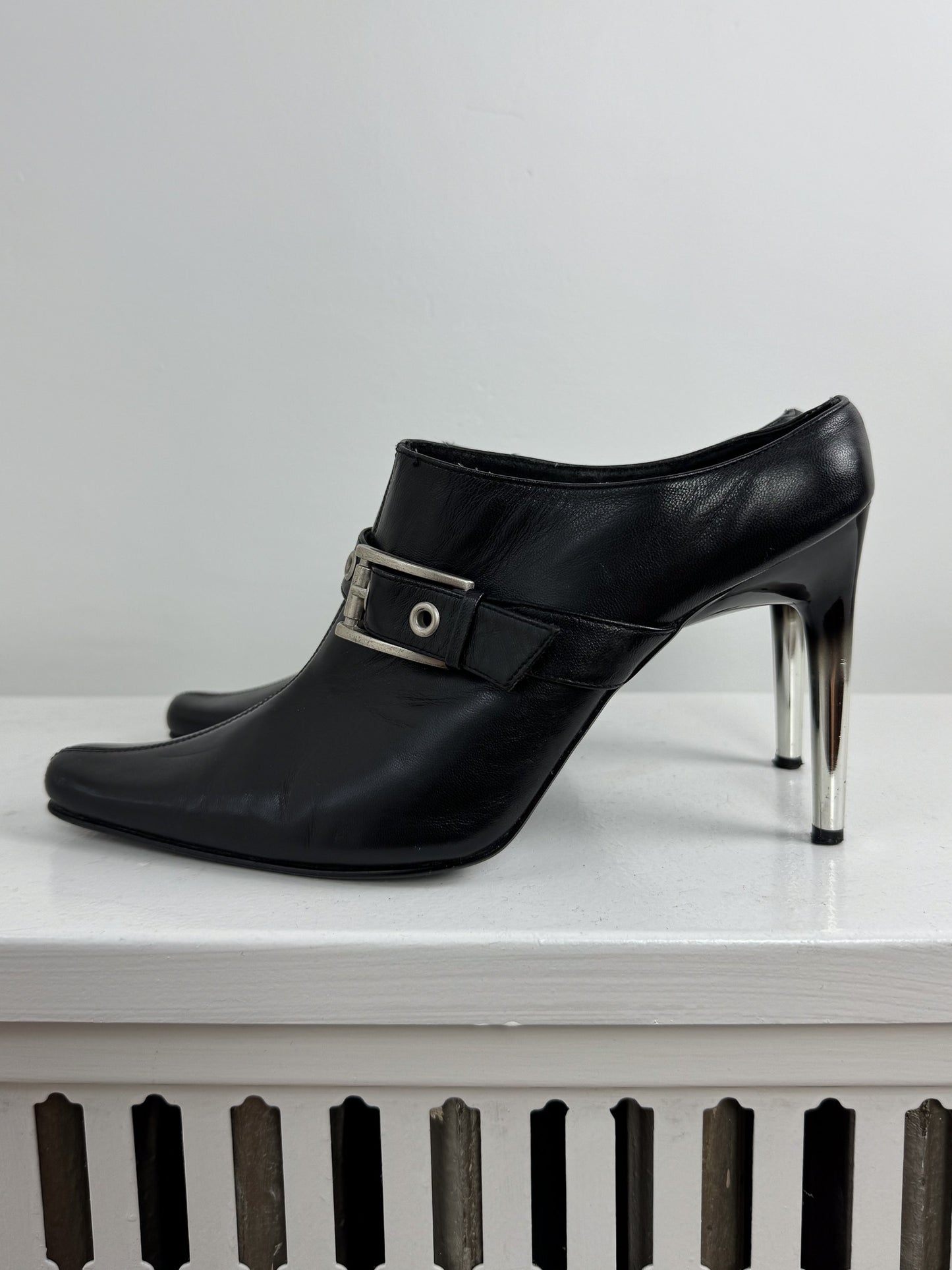 Leather Mules with Silver Buckles