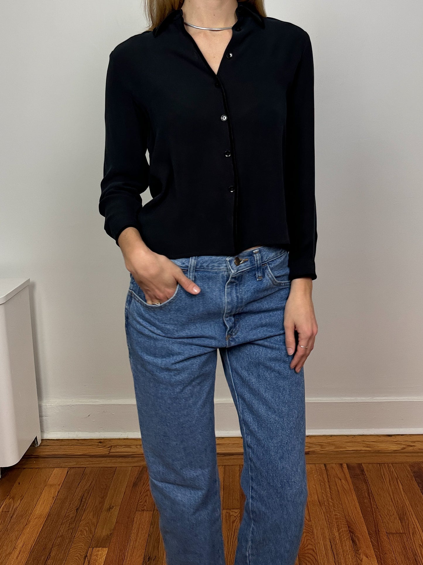 Jones New York Petite Blouse with Velvet Trim