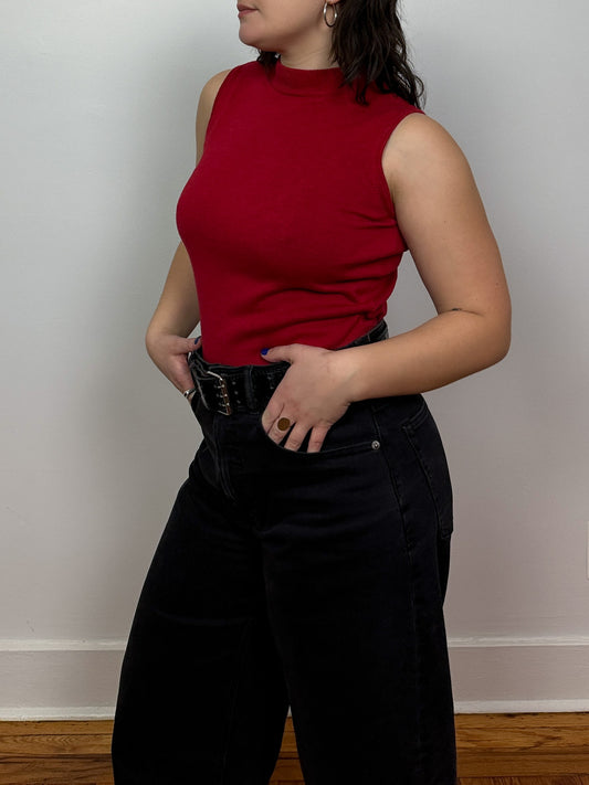 Red Knit Sleeveless Mock Neck
